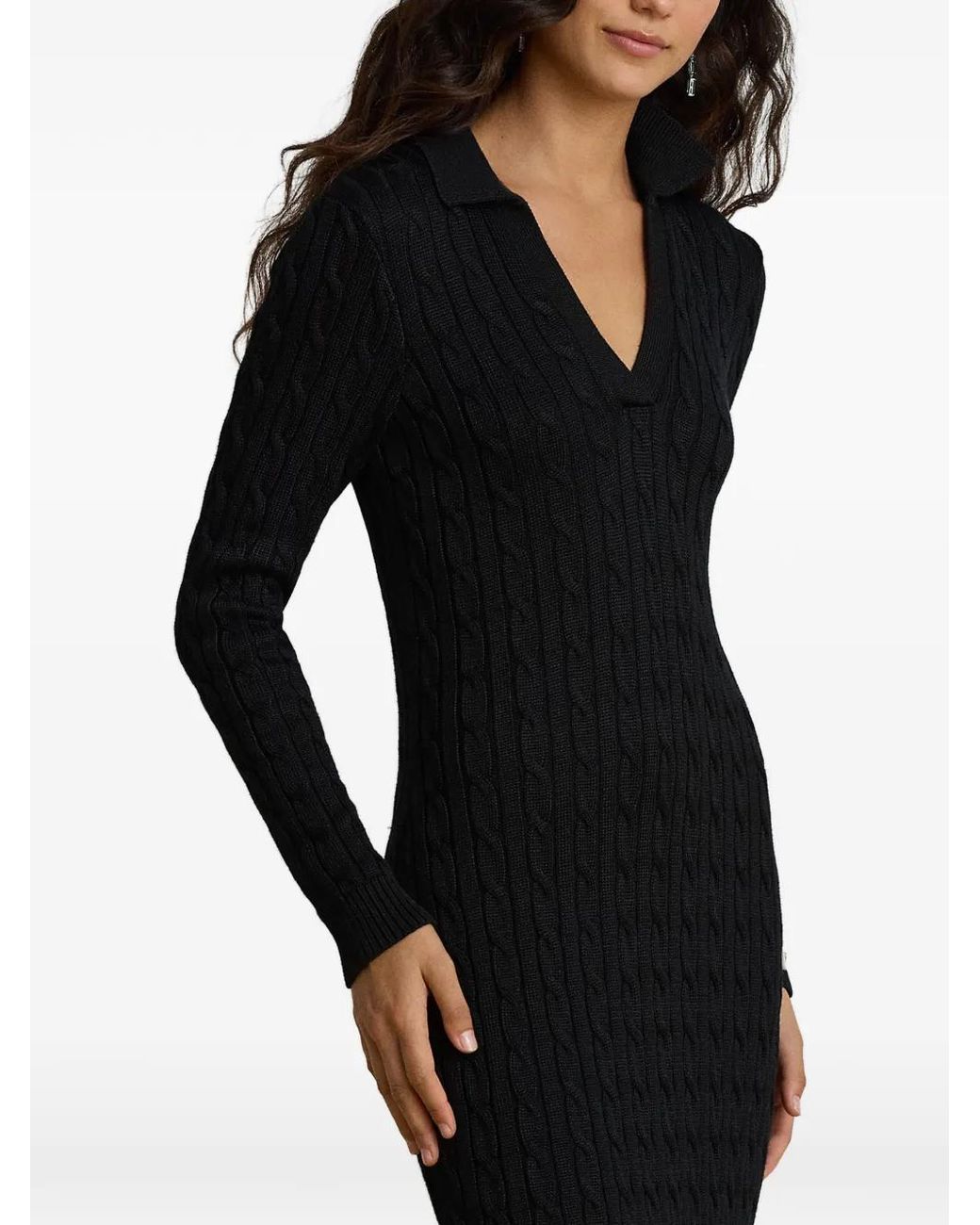 Ralph Lauren Black Robe En Maille Torsadée À Manches Longues