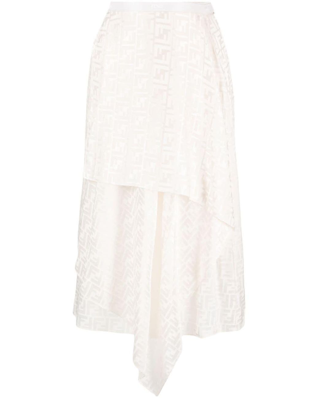 Fendi Monogram-jacquard Asymmetric Silk Midi Skirt in White | Lyst