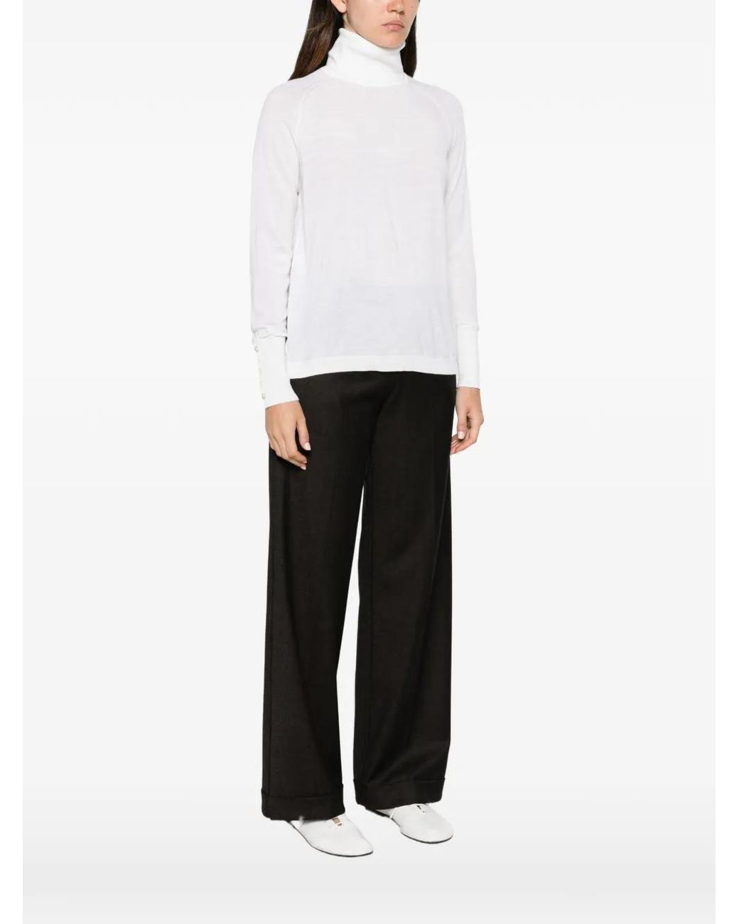 Alpha Studio White Button-Cuff Roll-Neck Sweater