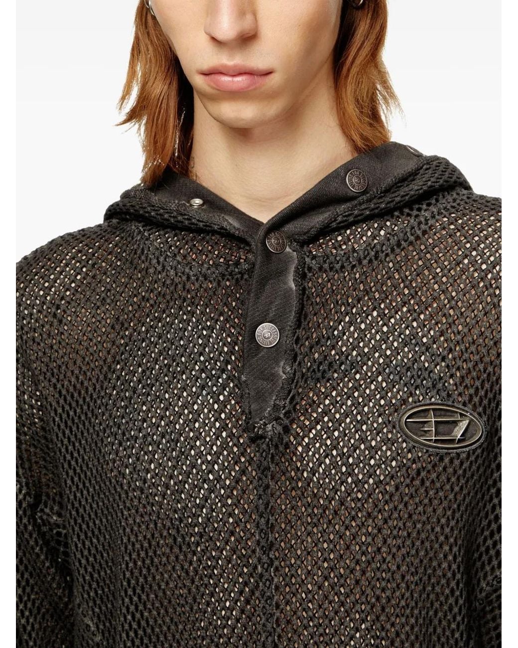 DIESEL Black X Thug Club Fishnet Hoodie With Full-Closure Hood