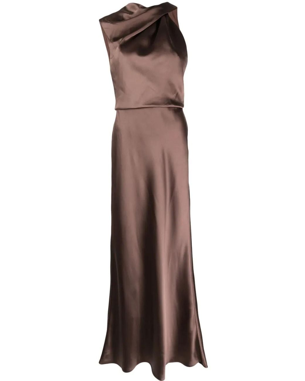 Amsale Brown Asymmetric Draped Satin Gown