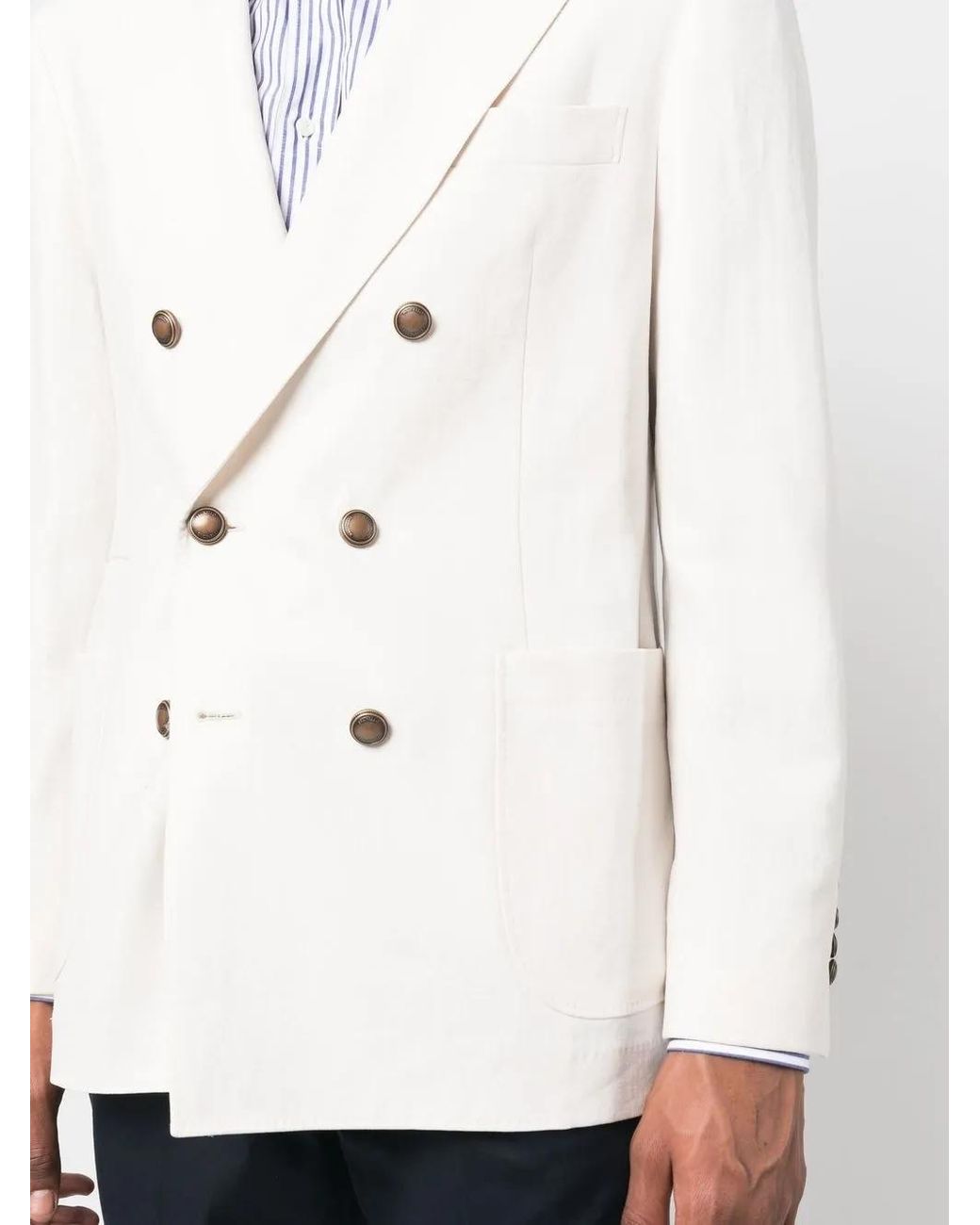 Brunello Cucinelli White Double-Breasted Linen Blazer for men