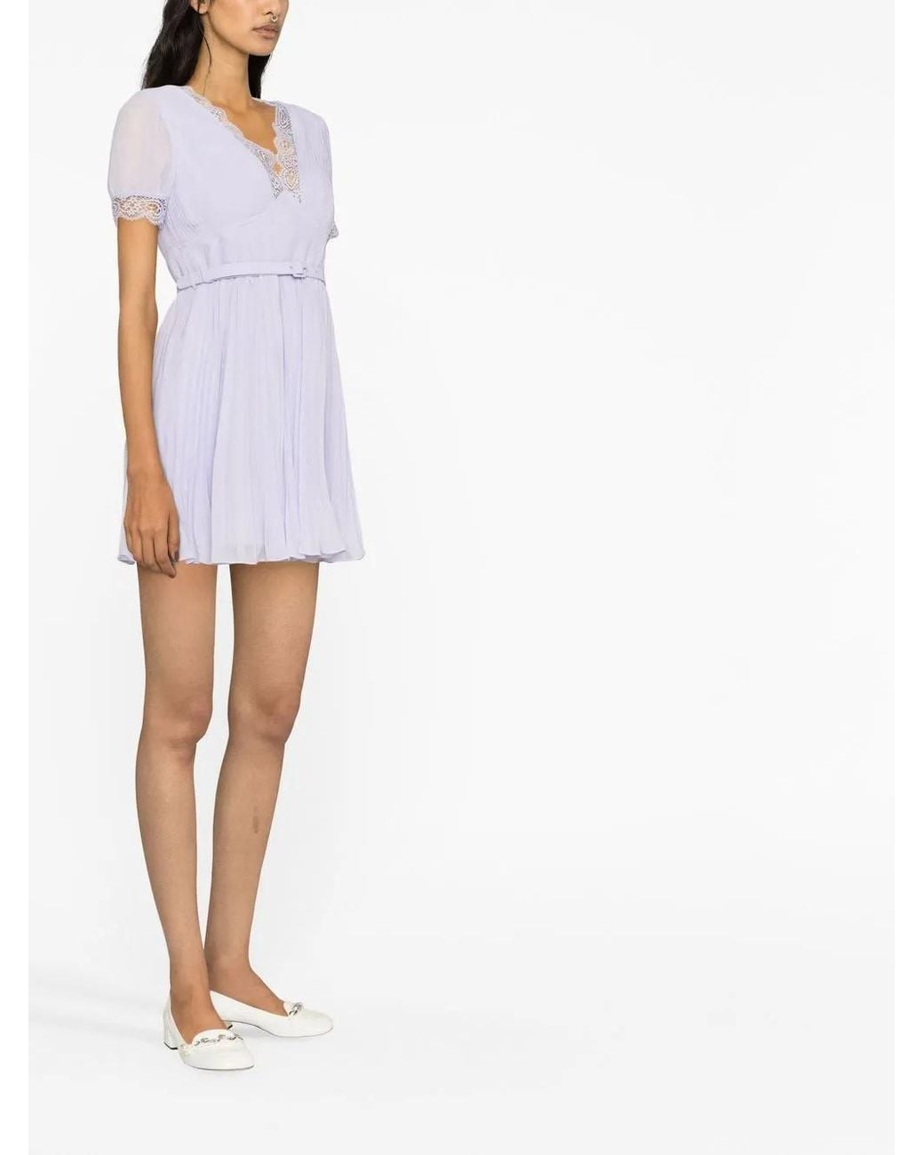 Self-Portrait Blue Delicate Lilac Chiffon Mini Dress With Lace Trim And Pleated Design