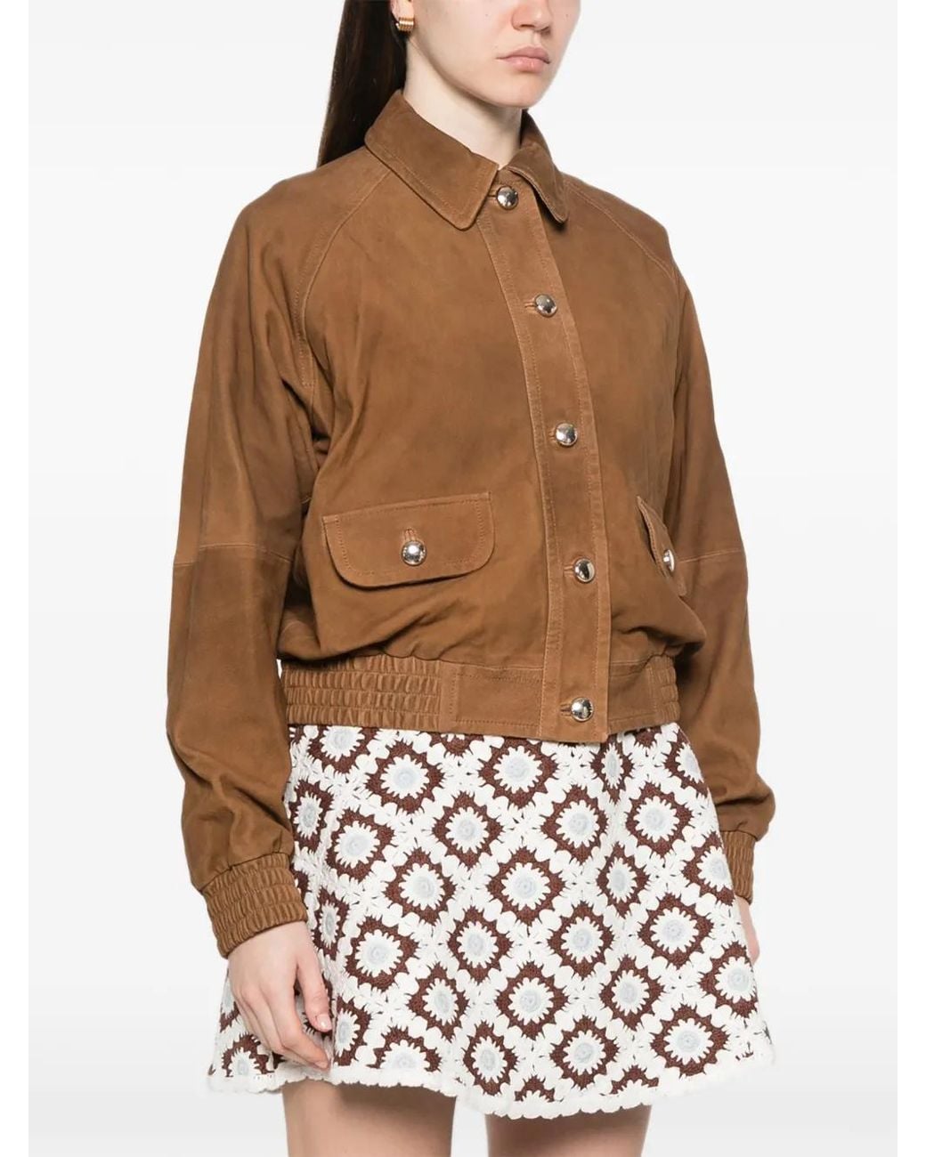 Maje Brown Veste En Cuir Boutonnée À Poches À Rabat
