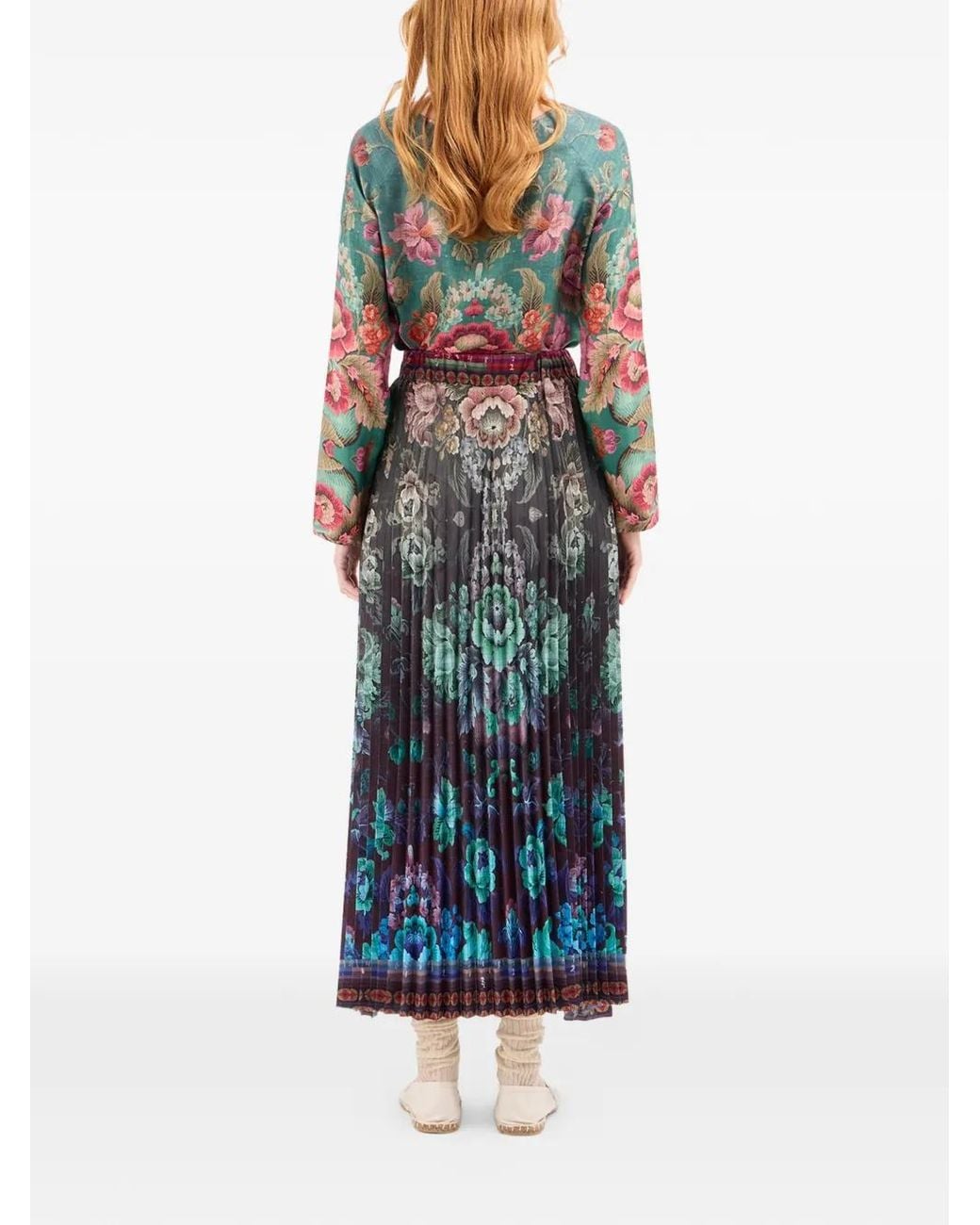 Pierre Louis Mascia Green Pleated Floral-Print Maxi Skirt