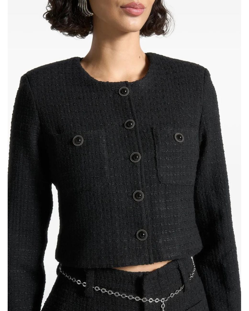 Manière De Voir Black Celine Cropped Tweed Jacket With Pearls