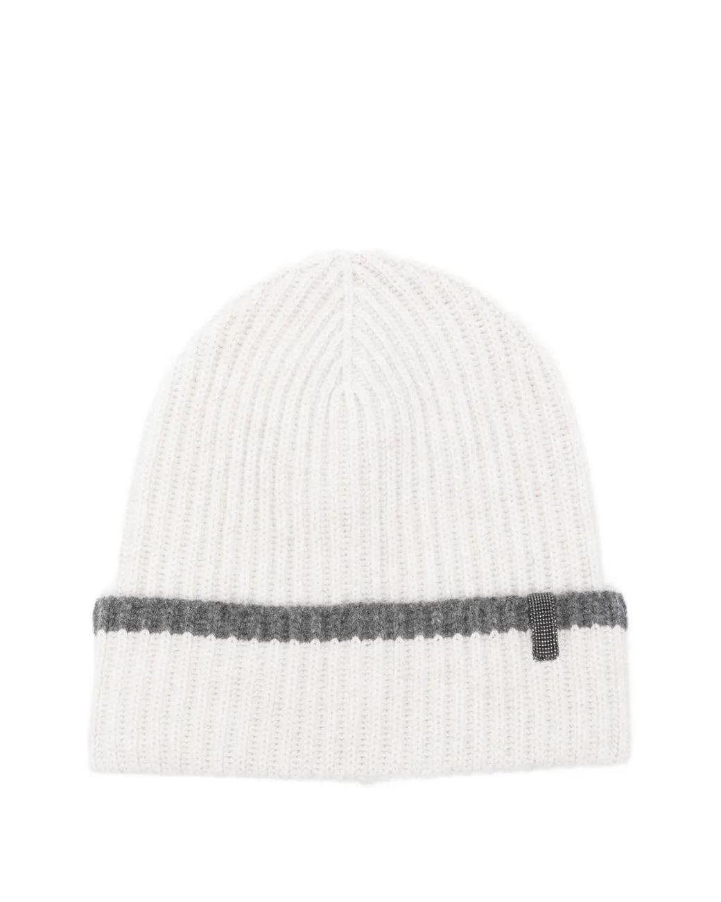 Brunello Cucinelli White Ribbed Cashmere Beanie