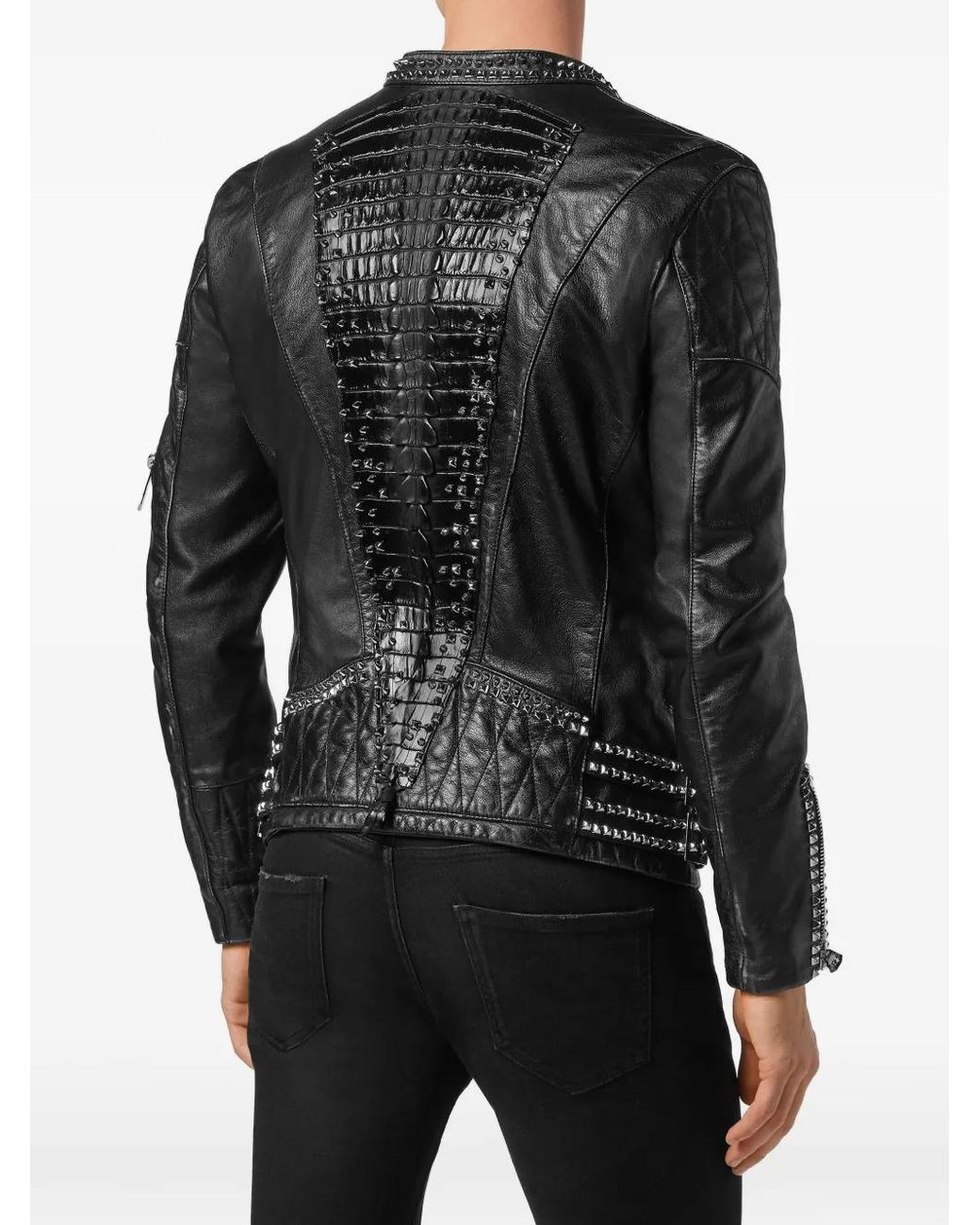 Philipp Plein Black Leather Biker Jacket Studs for men