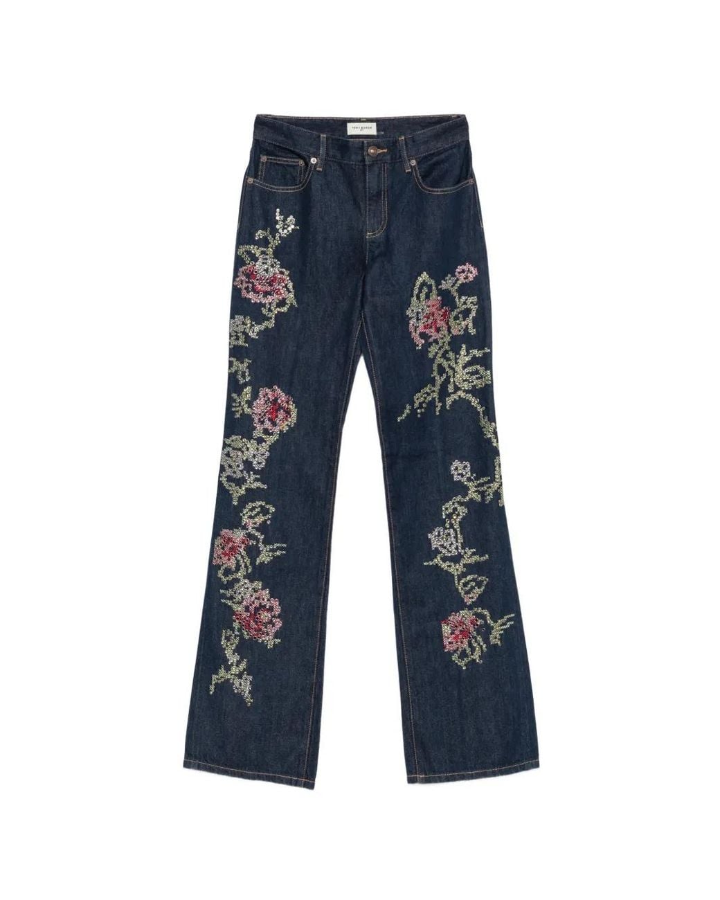 Tory Burch Blue Crystal-Embellished Floral-Embroidered Jeans