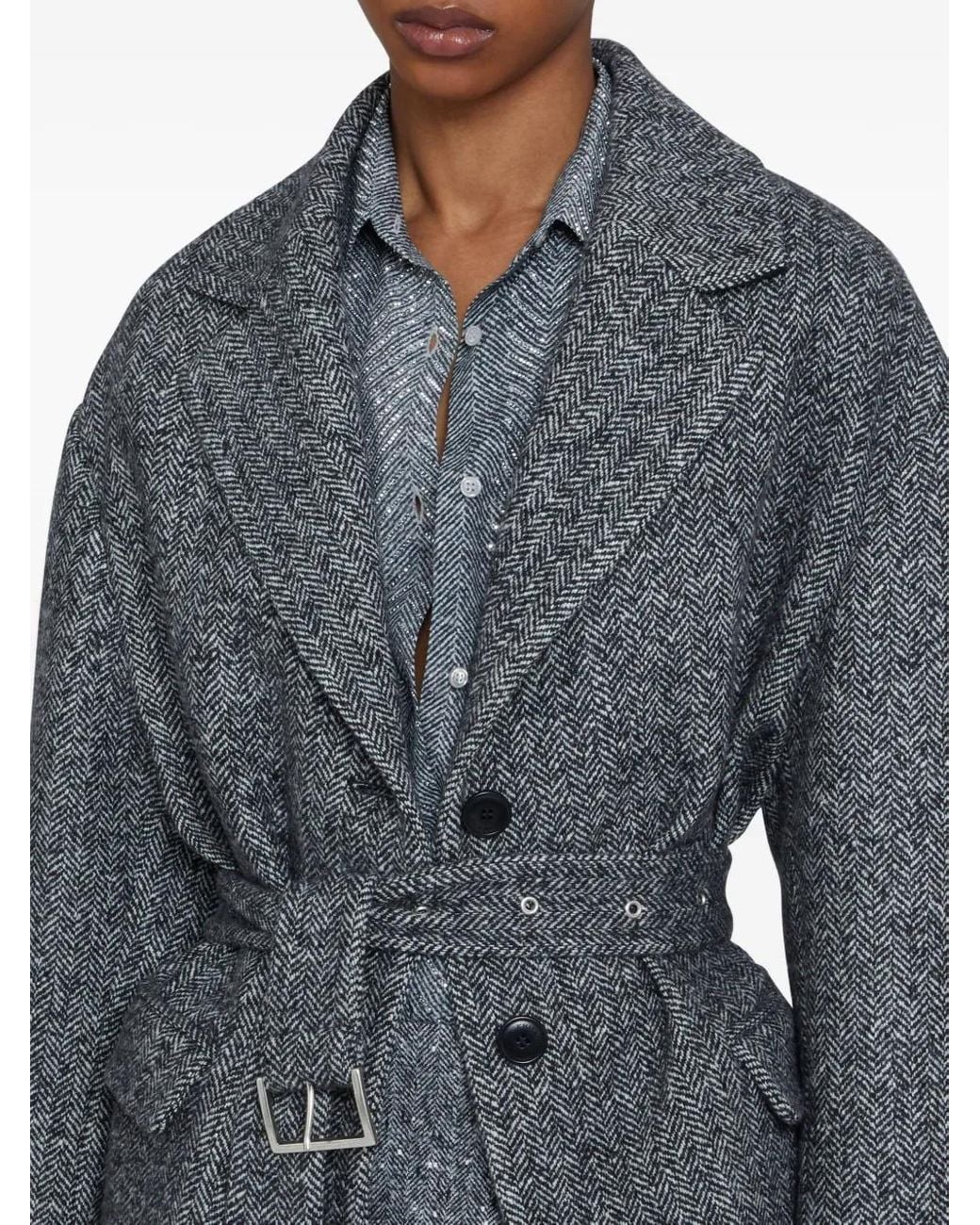 Ermanno Scervino Gray Herringbone-Pattern Belted Coat