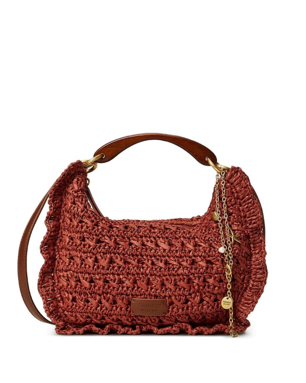 Twinset Brown Crochet Raffia Croissant Bag