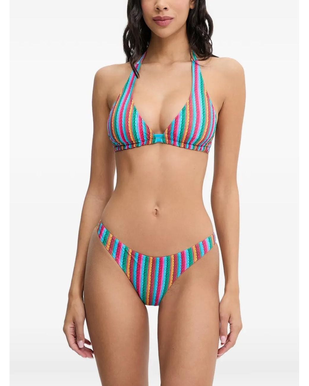 Chantelle Blue Stripe-Print Halterneck Bikini Top