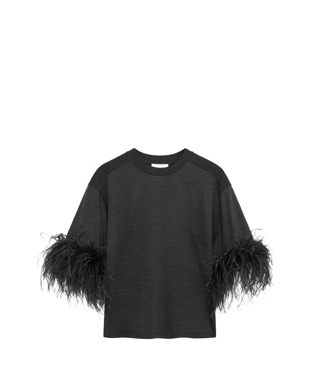 16Arlington Black Teodora Feather-Trim T-Shirt