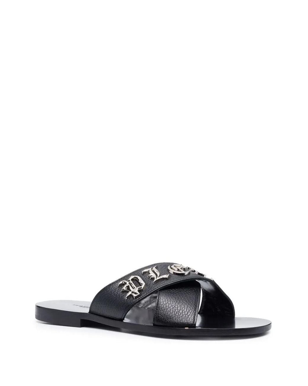 Philipp Plein Black Cross-Strap Leather Slides for men