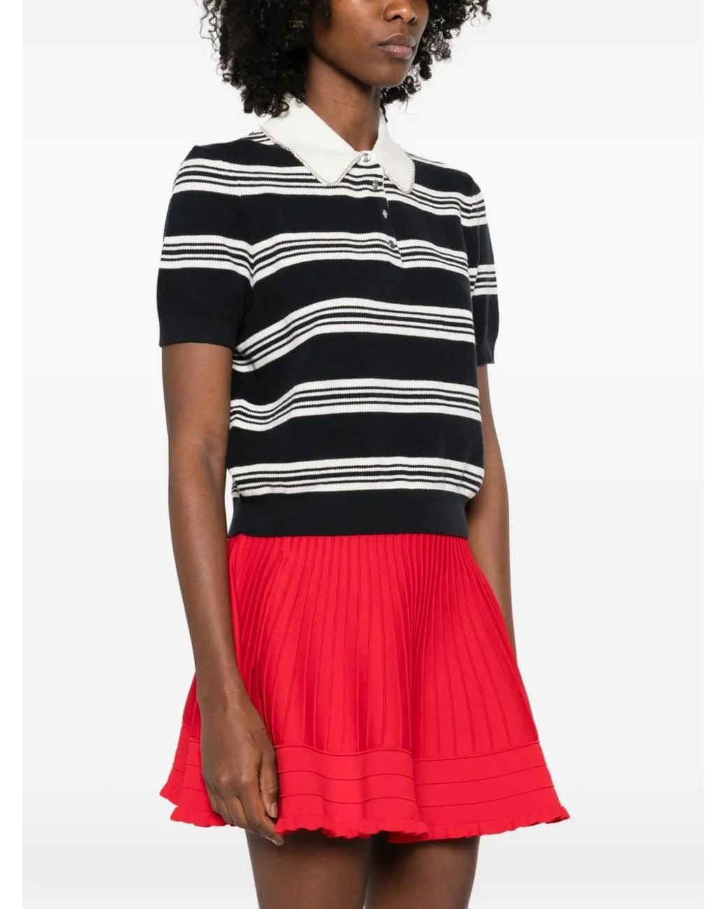 Maje Black Striped Polo With Rhinestone Collar