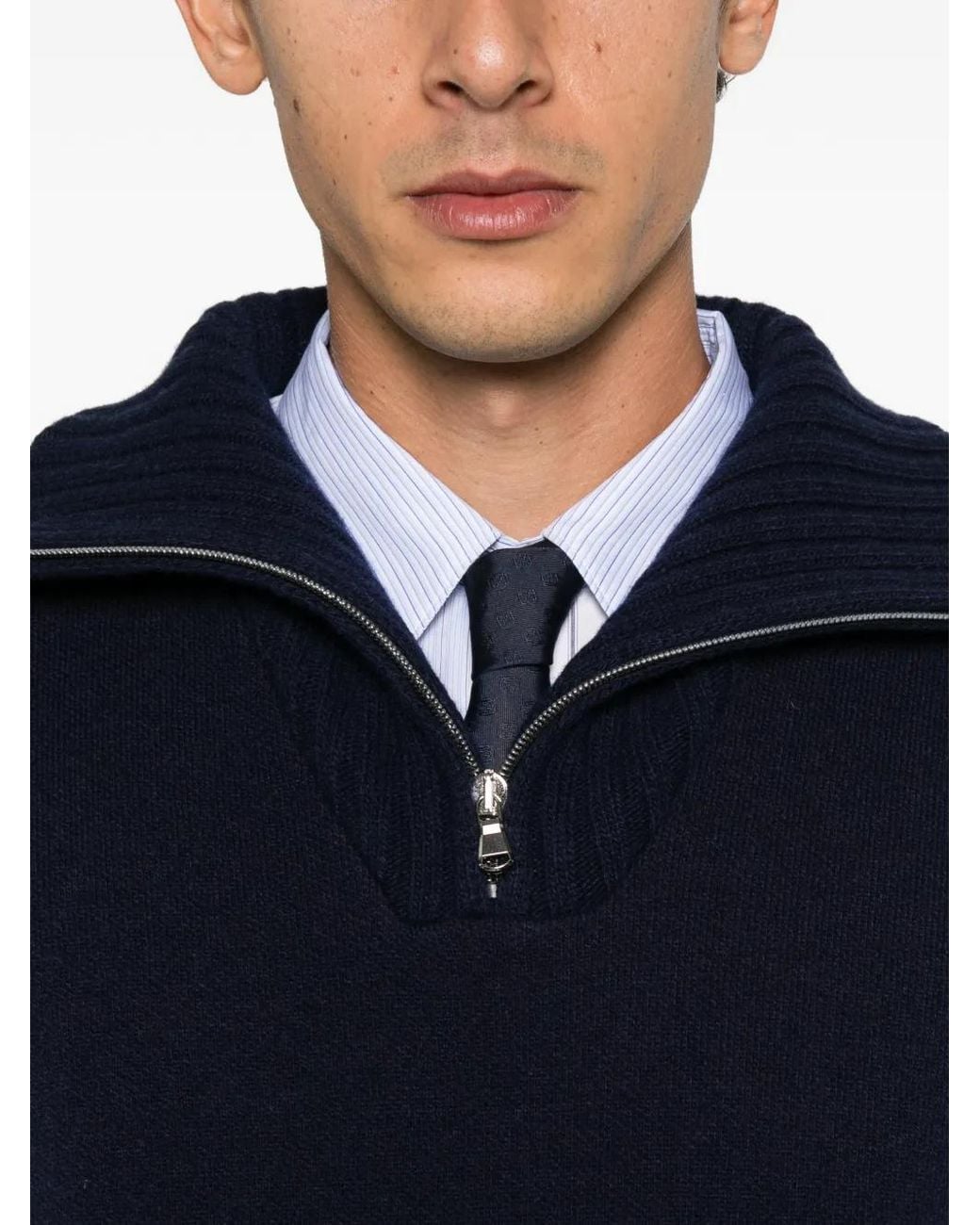 GALLIA Blue Quarter-Zip Ribbed-Trim Sweater for men