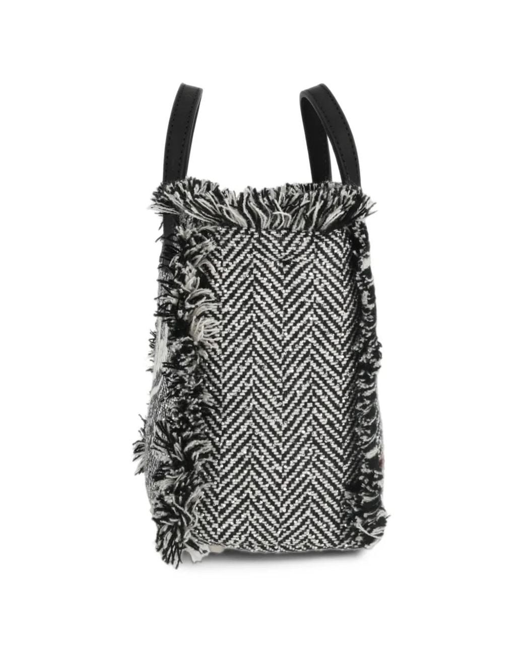 Mc2 Saint Barth Black Herringbone-Pattern Fringed Tote Bag