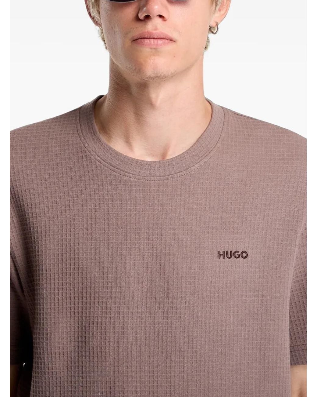 HUGO Purple Austin Waffle-Knit Logo-Patch Cotton T-Shirt for men