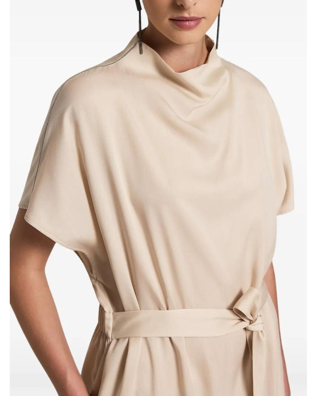 Peserico Natural Belted High-Neck Midi Dress