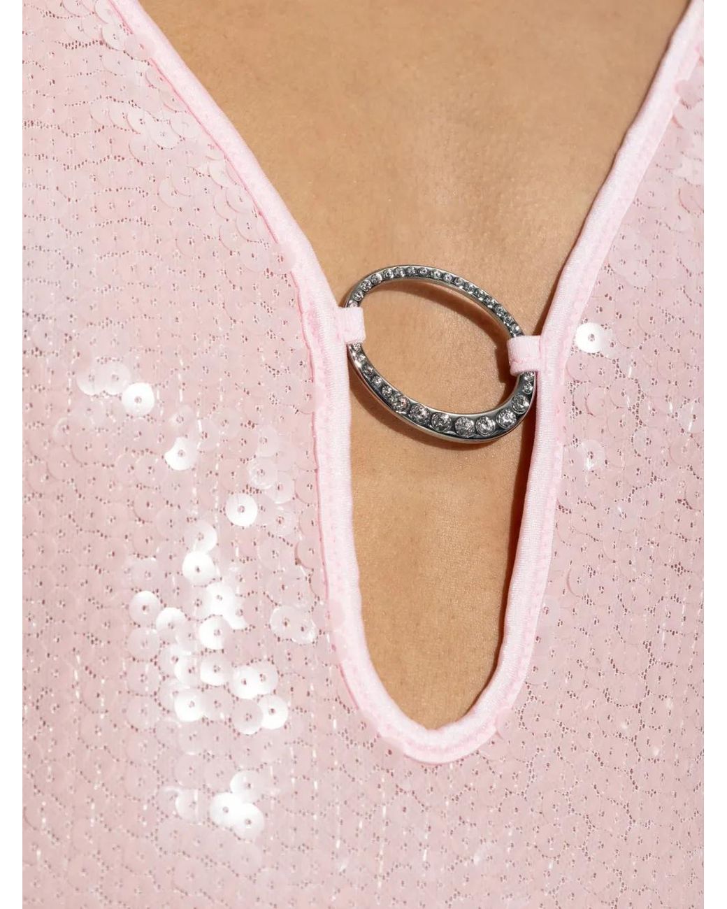 Oseree Pink Sequin-Embellished Ring-Detail Maxi Dress
