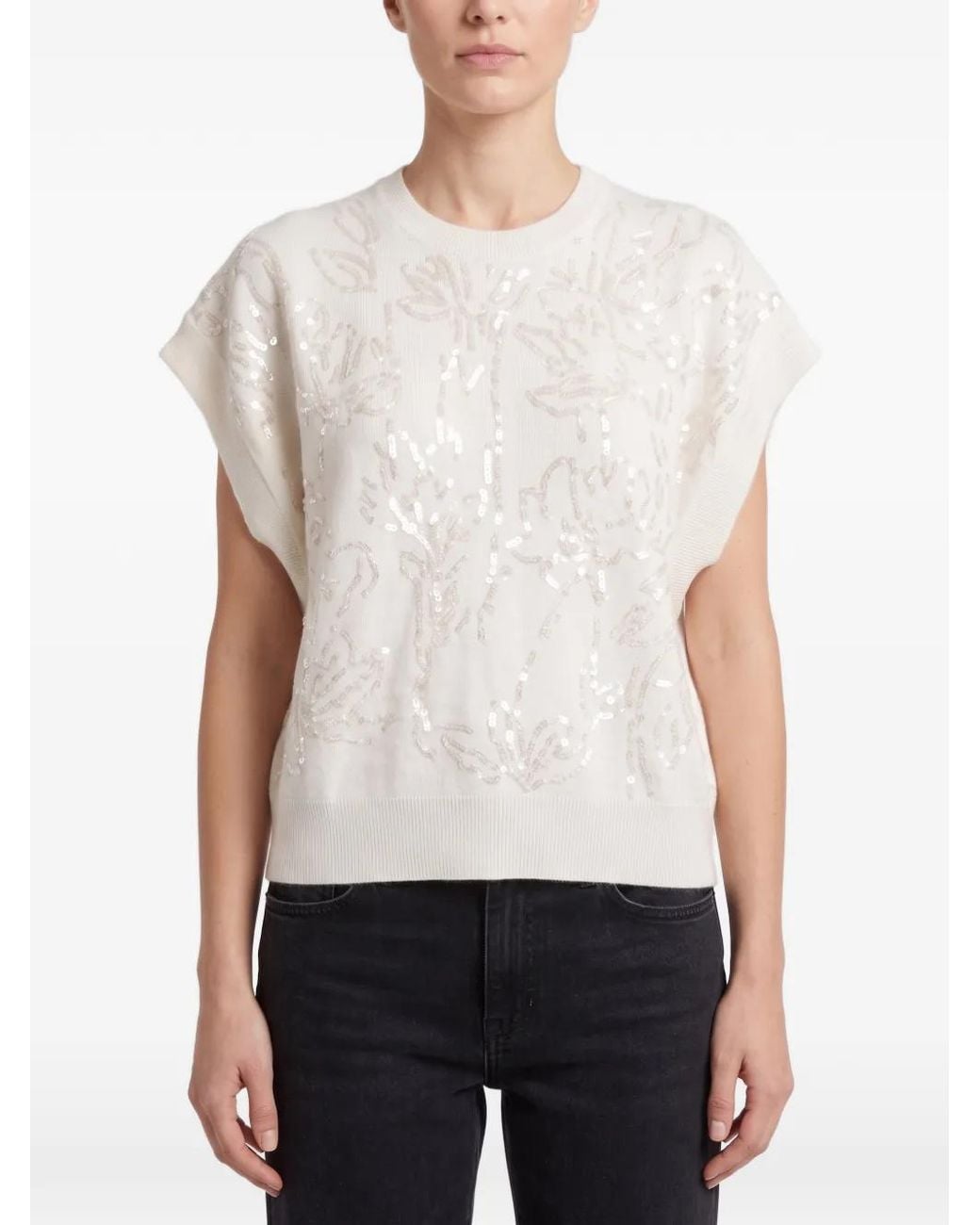 Brunello Cucinelli White Sequin-Embellished Short-Sleeve Sweater