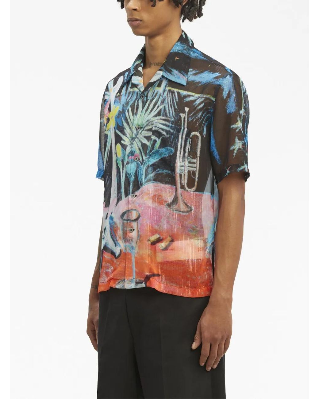 Palm Angels Blue Oil On Canvas Button-Up Bowling Shirt for men