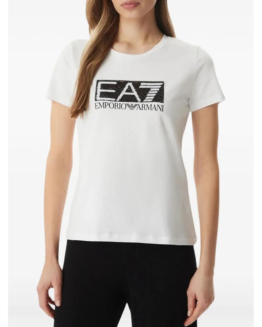 EA7 White Sequin-Embellished Logo-Print T-Shirt