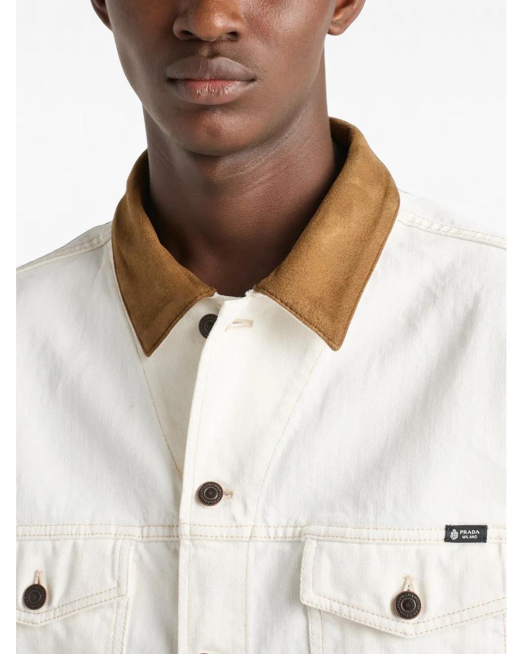 Prada White Veste Old En Jean À Détails En Cuir for men
