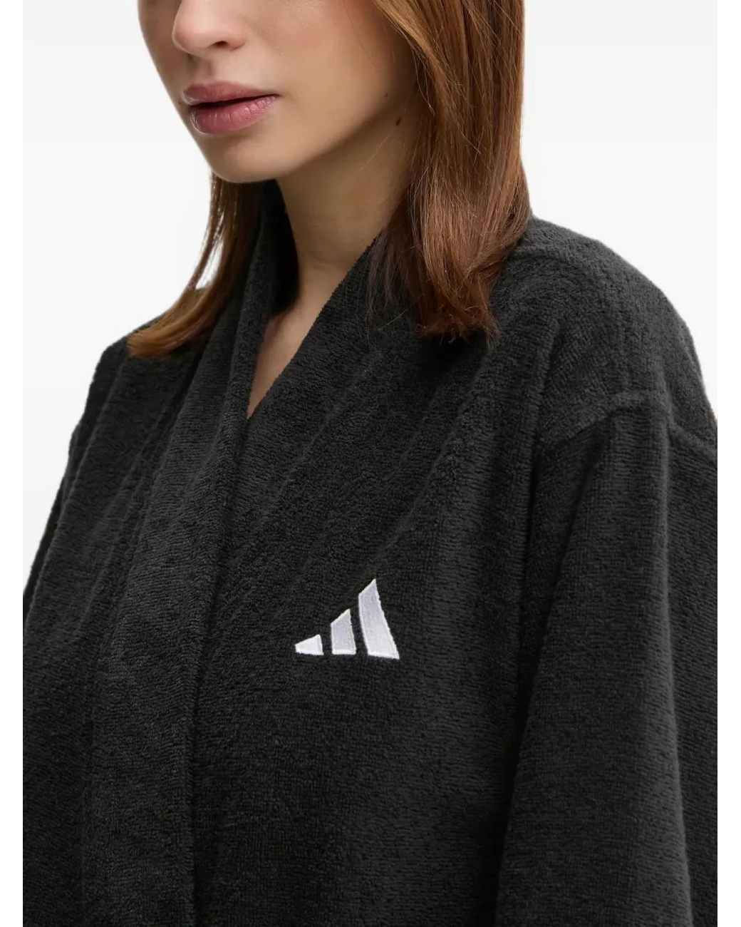 Adidas Black Logo-Embroidered Belted Bathrobe