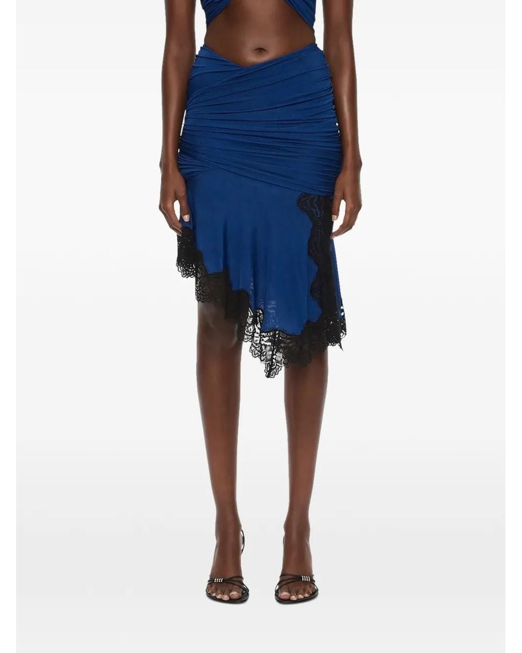 Christopher Esber Blue Incline Lace-Trimmed Gathered Midi Skirt