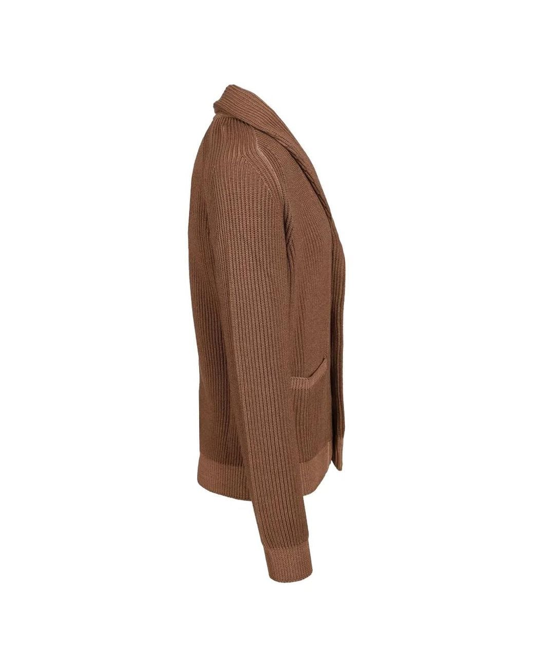 Fedeli Brown Shawl-Collar Ribbed-Knit Cardigan for men