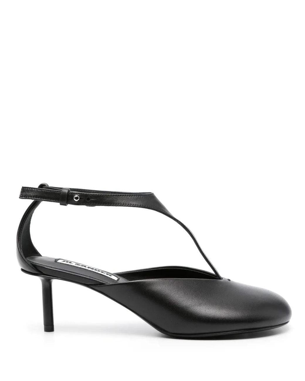 Jil Sander Black Leather Round Toe Pumps With Adjustable Strap, 4 Cm Heel