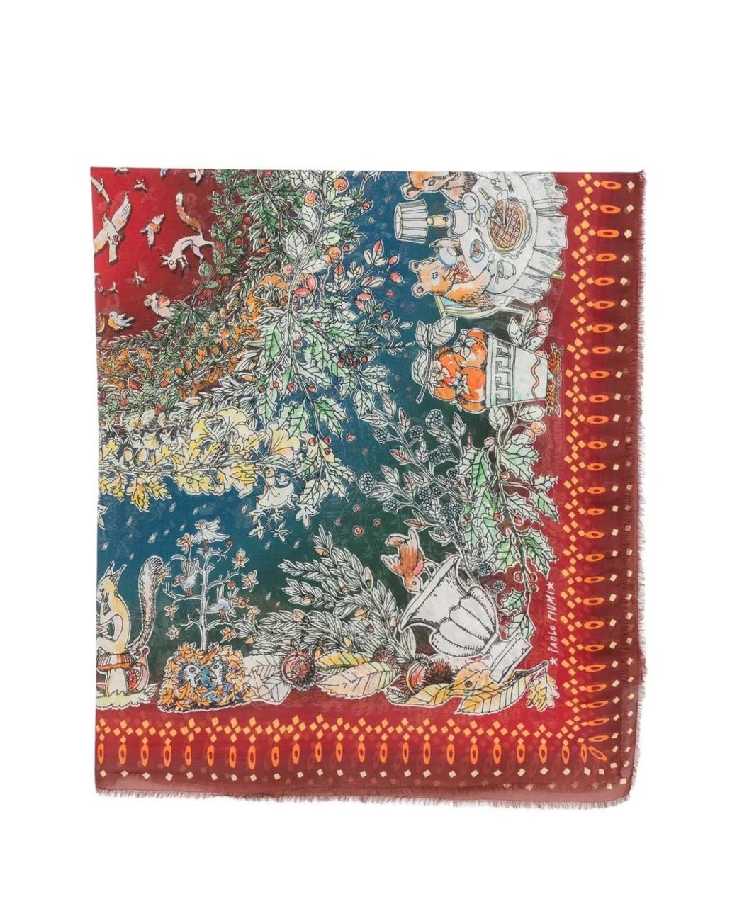 Faliero Sarti Red Graphic-Print Frayed Scarf