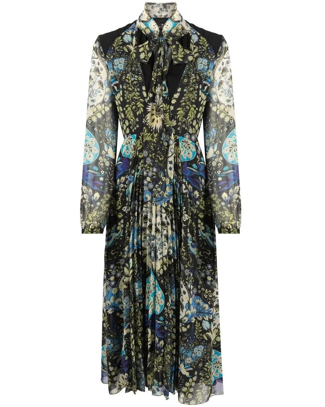 Etro Green Floral-Print Pleated Midi Dress