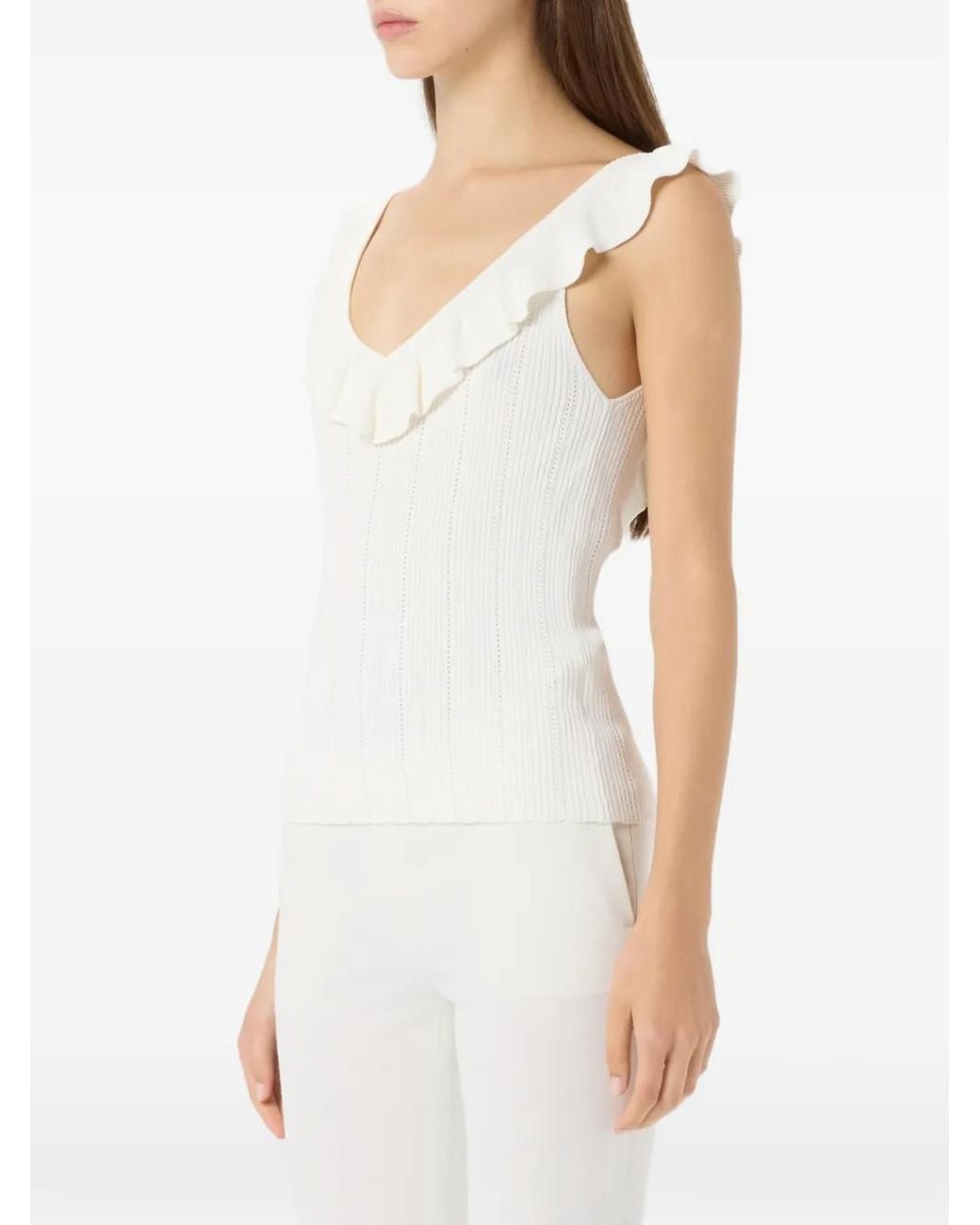 Blumarine White Ruffled V-Neck Tank Top