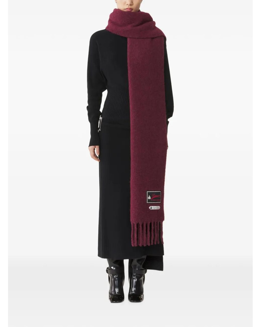 Lanvin Red Fringed Logo-Patch Scarf