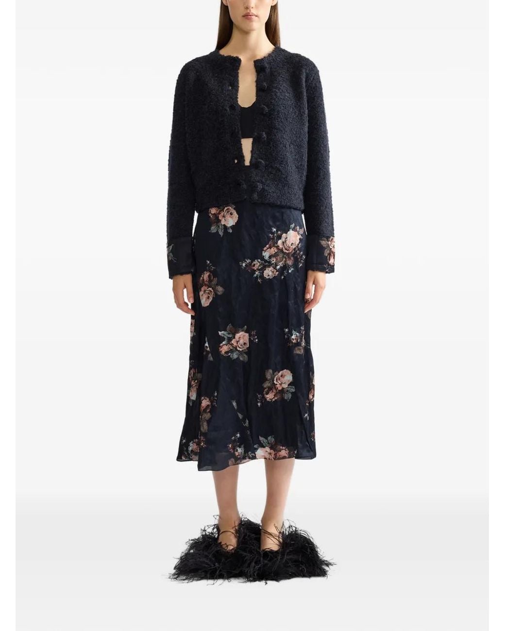 Erdem Blue Bouclé Floral-Cuff Cardigan