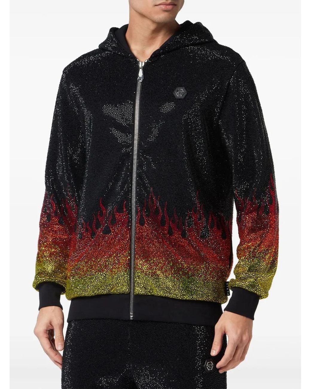 Philipp Plein Black Crystals Flame Hooded Tracksuit Set for men