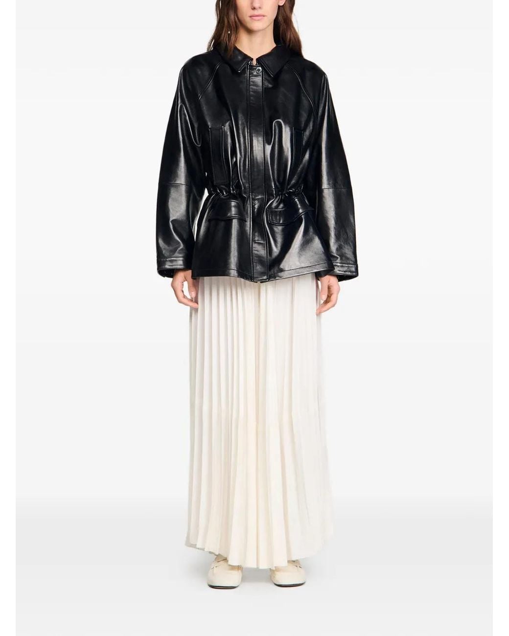Sandro Black Shirt Collar Leather Jacket