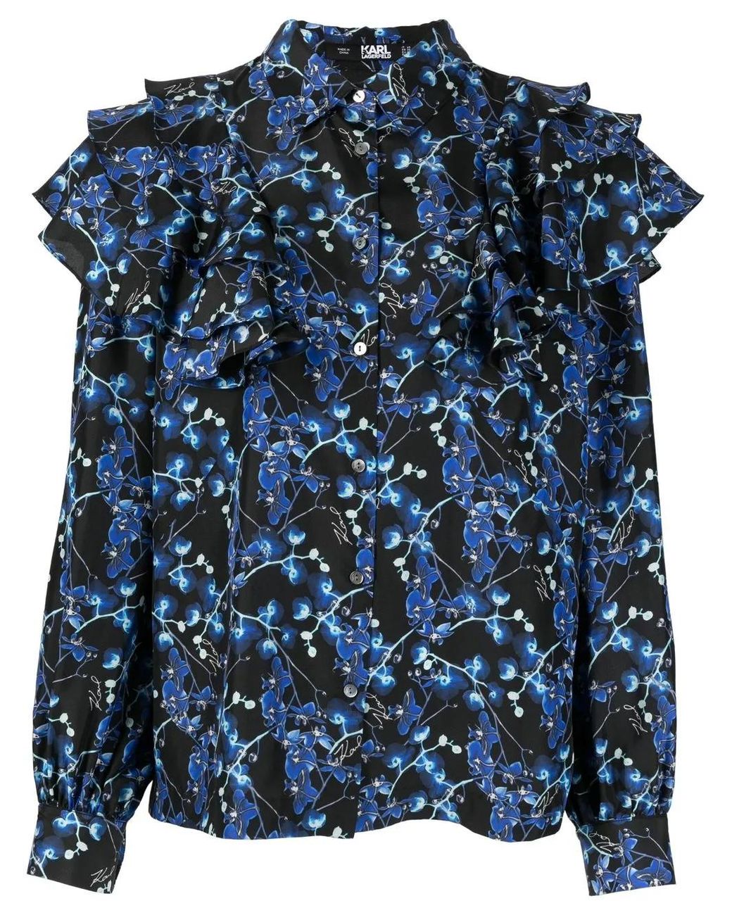 Karl Lagerfeld Blue Orchid Print Silk Shirt