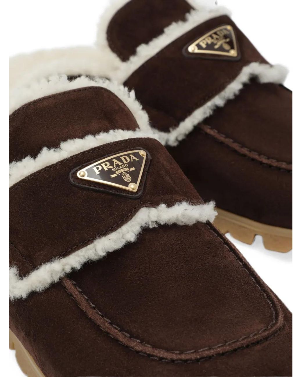 Prada Brown Shearling-Trim Logo-Plaque Mules