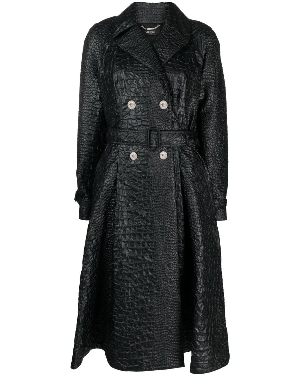 Versace Black Embossed-Crocodile Laminated Trench Coat