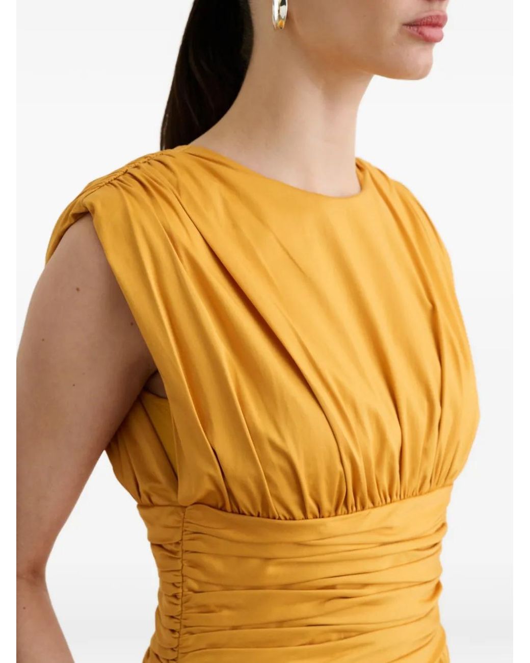 Toccin Yellow Evangeline Strong-Shoulder Ruched Midi Cotton Dress
