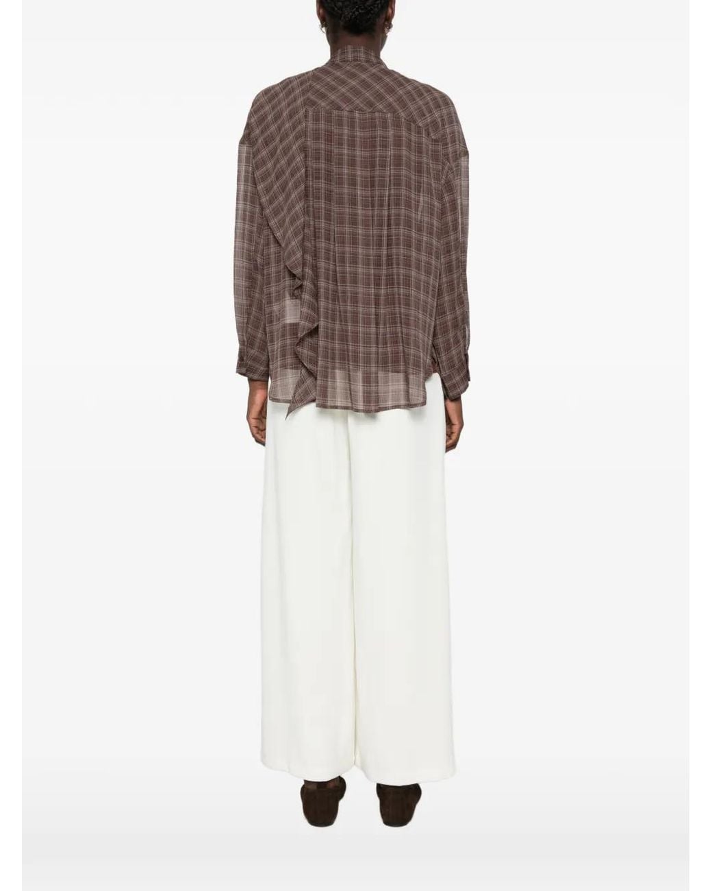 ELEH Brown Check-Pattern Ruffled Blouse