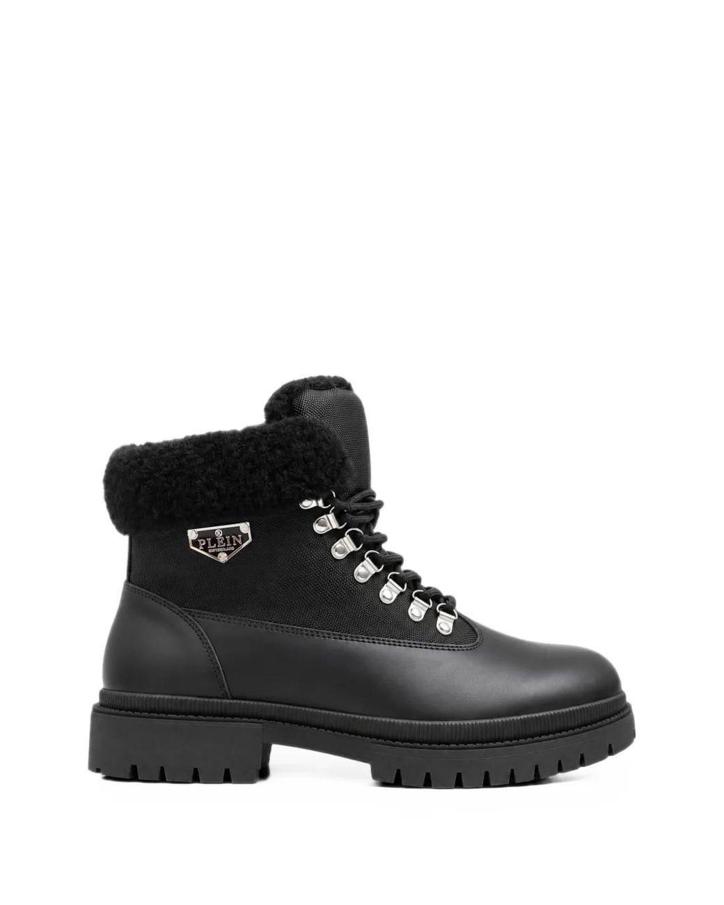 Philipp Plein Black Faux-Fur Trim Lace-Up Boots