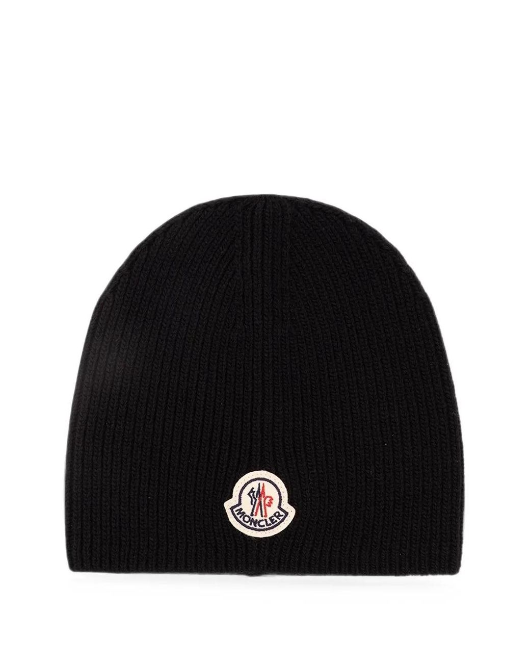 Moncler Black Logo-Patch Ribbed-Knit Beanie Hat for men