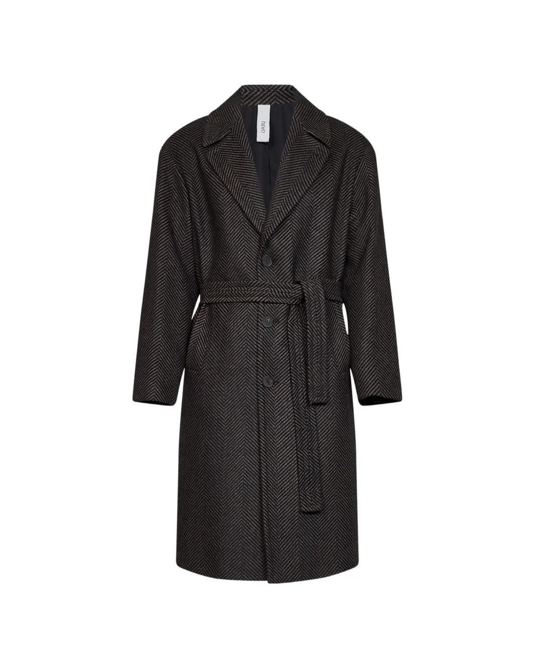 Hevò Black Belted Herringbone-Pattern Coat for men
