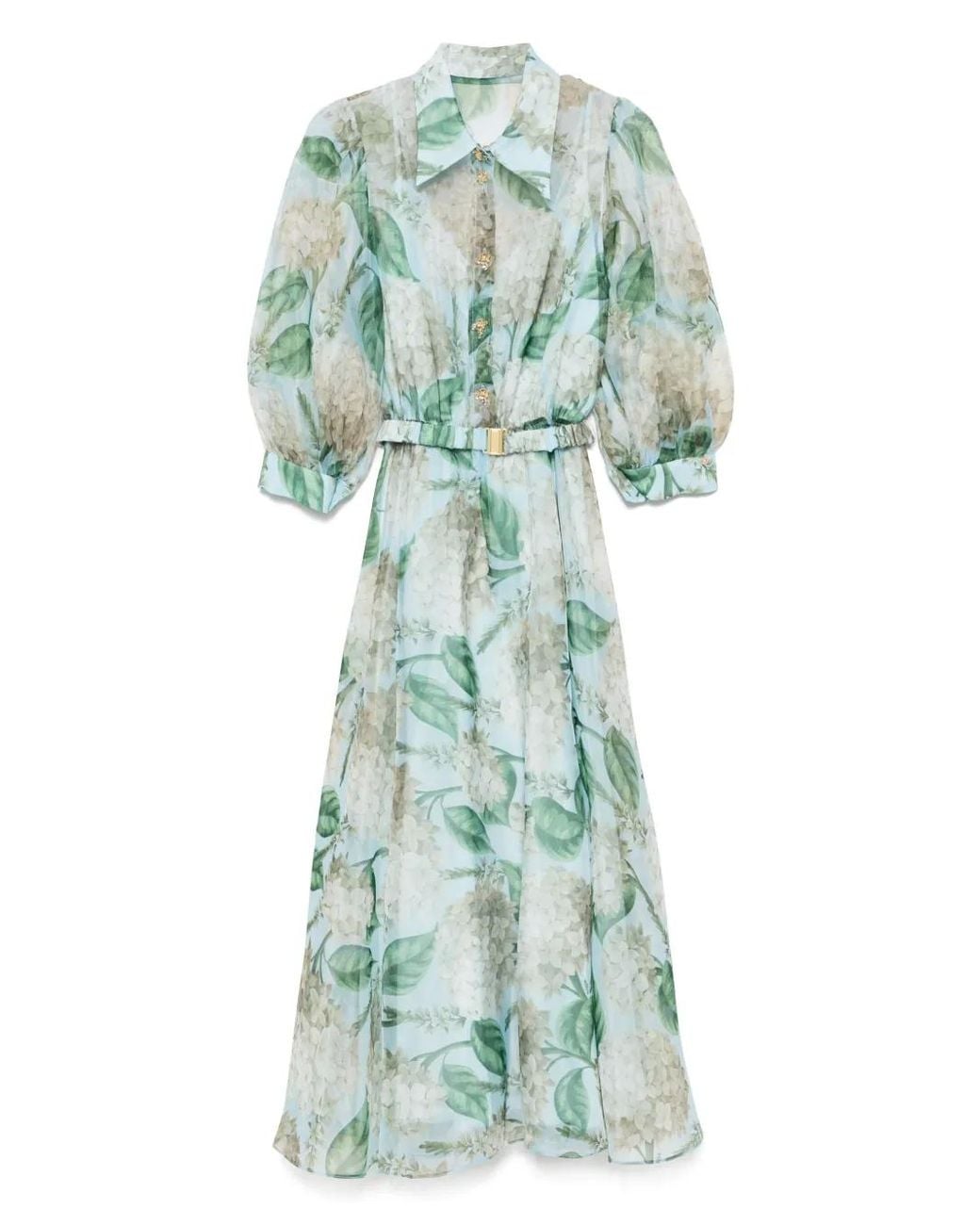 Nissa Green Printed Organza Midi Dress