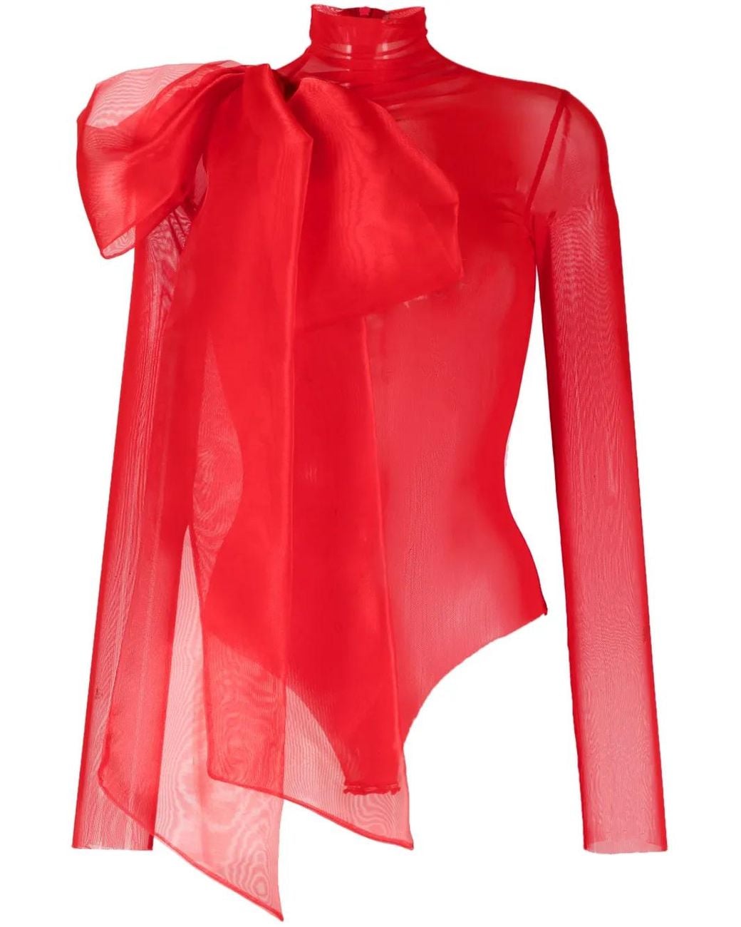 Atu Body Couture Red Semi-Sheer Bow-Detail Bodysuit
