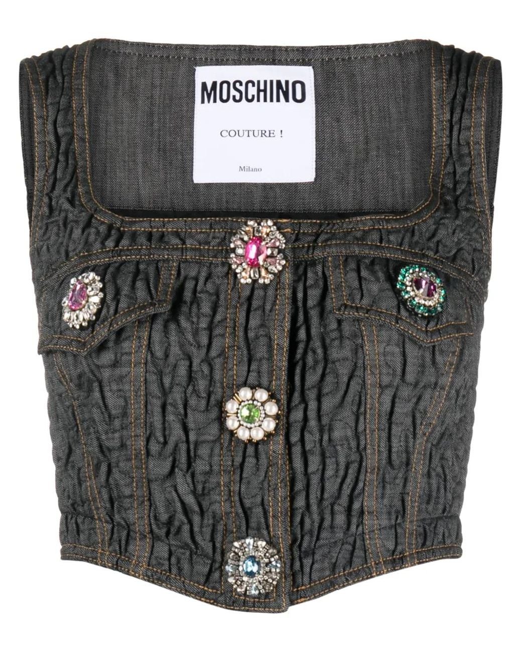 Moschino Black Brooch-Embellished Denim Bustier